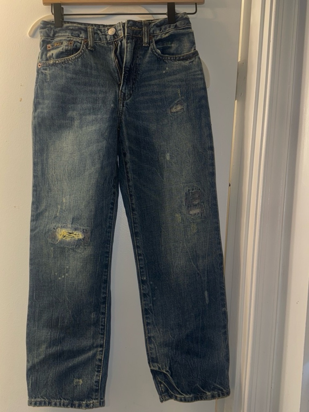 Ralph Lauren Men's Straight Jeans in Dark Blue with Faded Distress